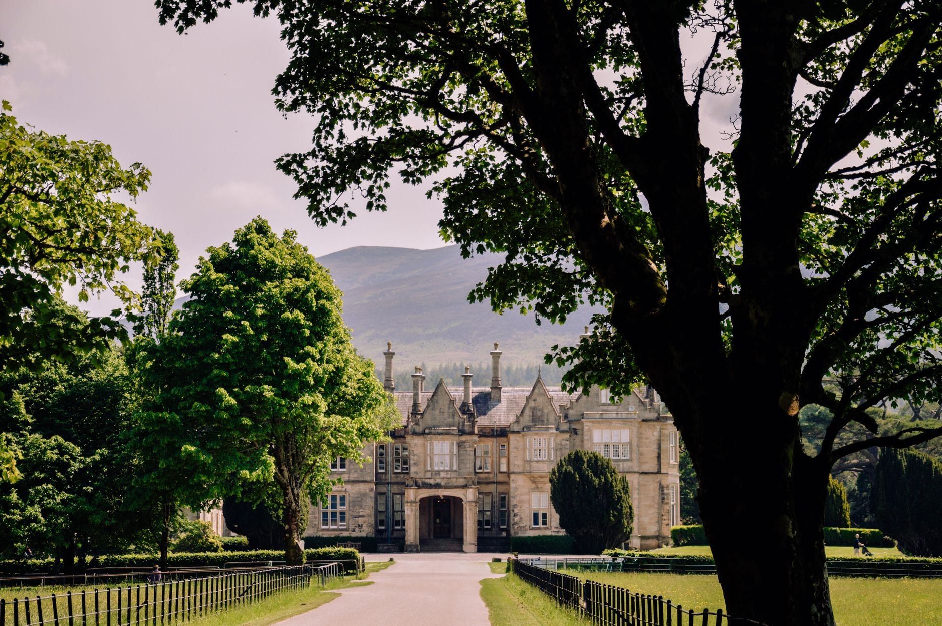 Üppige grüne Bäume und ferne Berge umrahmen das historische Muckross House im Killarney-Nationalpark.